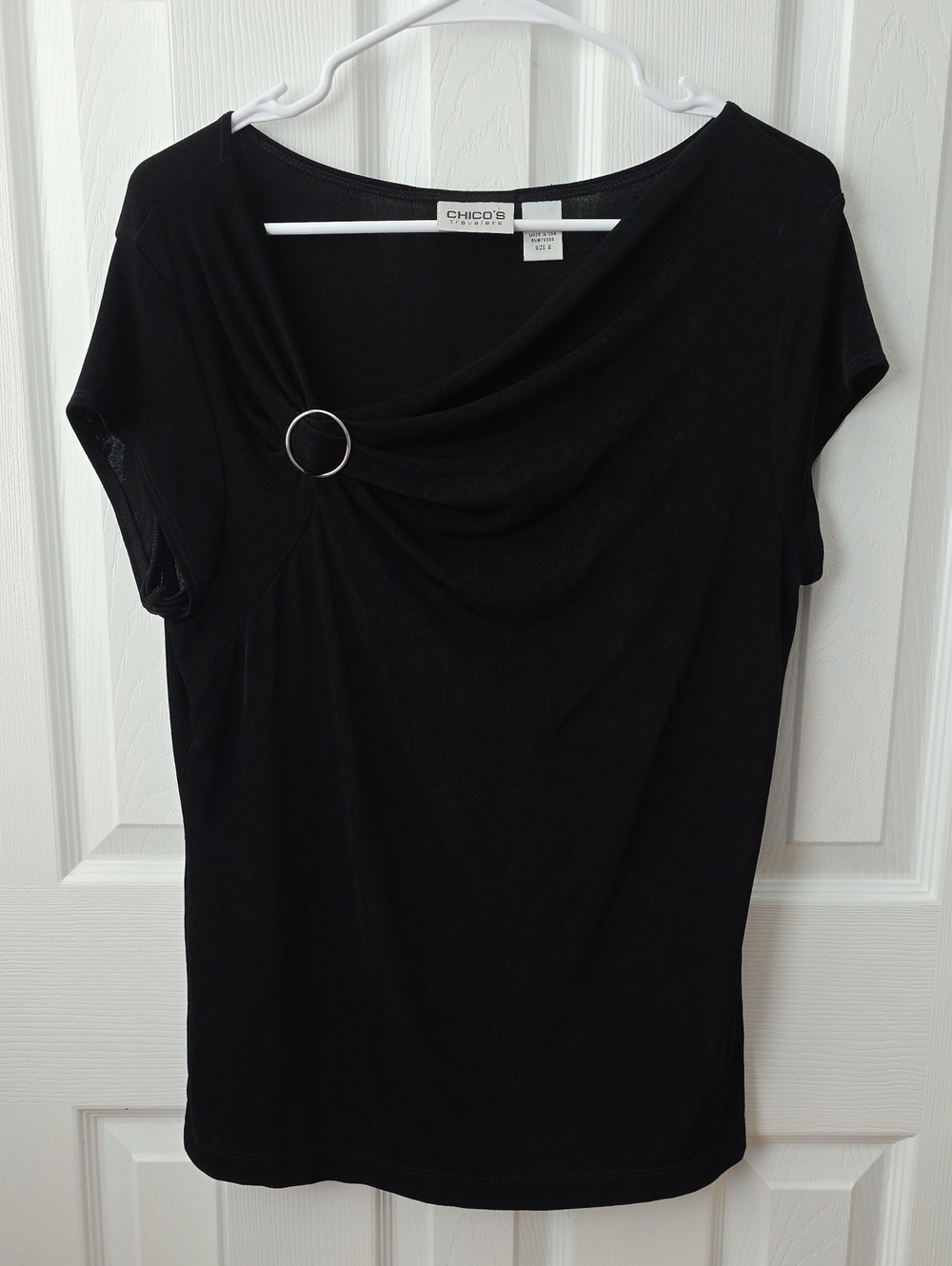 Chico's Black Draped Short Sleeve Top with Silver Ring